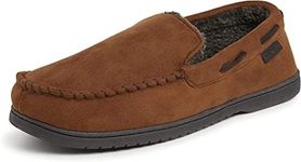 Dearfoams Men's Microsuede Moccasin with Whipstitch Slipper, Chestnut, Large (Wide)