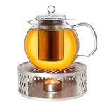 Creano Glass Teapot 850ml with Warmer - Stovetop Safe Tea Kettle with Stainless Steel Infuser and Glass Lid, Ideal for Preparing Loose Teas - Drip Free