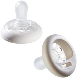 Tommee Tippee Breast-Like Dummies, 0-6 month pack of 2 Dummiess with breast-like baglet, symmetrical design and BPA free