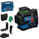 Bosch Professional line Laser GLL 12V-100-33 CG (3 x 360° Green Laser, Working Range 100 m (Radius) with Receiver, IP 65, Levelling Remote App, LB 10, DK 20, GBA 12V 2.0Ah, GAL 12V-40, Pouch, L-Boxx)