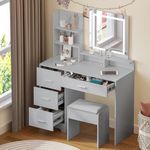 Hello-5ive Dressing Table with Stool - 5 Shelves and 4 Drawers, Touch Screen Makeup Mirror with 3-Color Dimmable Lights, Bedroom Vanity Desk for Makeup and Storage (Light grey)