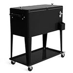 TANGZON 76L Rolling Cooler Cart, Stainless Steel Ice Chest with Lockable Wheels, Handles, Bottle Opener & Bottle Cap Catcher, Outdoor 72H Insulation Beverage Cooler Trolley (Black, 91x48x87cm)