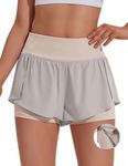 PINSPARK Shorts with Liner Women Running Shorts with Biker Shorts Underneath Athletic Short for Workout Light Gray M