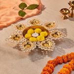 Amazon Brand - Solimo Gold Polished Metal Decorative Tealight Candle Holder - Urli Bowl with Lotus and Crystal Theme | for Diwali, Weddings, and House Warming | Holds 7 Tealights | Gold Finish