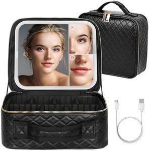 MAYFIY Makeup Bag with LED Mirror and Travel Makeup Train Case Cosmetic Organiser with 2X3X Magnifying Mirror and Separate Makeup Brush Panel, Portable Adjustable Divider Storage Bag, Black