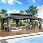 Aoxun Hardtop Gazebo 14x24 with Gutter, Upgraded Wider Aluminum Outdoor Gazebo with Galvanized Steel Double Roof, Patio Permanent Metal Pavilion with Netting and Privacy Curtain