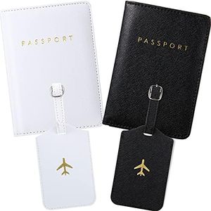 2 Pieces Passport Covers and 2 Pieces Luggage Tags, Passport Holder Travel Suitcase Tag, White, Black, 4.33 x 5.51 inch, Travel Wallet