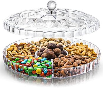 ZOOFOX Divided Serving Tray, 12'' Appetizer Tray with Lid, 6 Compartments Round Plastic Food Storage Organizer for Dried Fruits, Nuts, Candies, Sweet Cookies and Fruits (Clear)