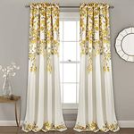 Lush Decor Tanisha Curtains - Light Filtering Window Panel Set, Pair - Floral Vine Print, Beautiful, Modern, Elegant Home Decor - 52" W x 84" L, Yellow & Gray