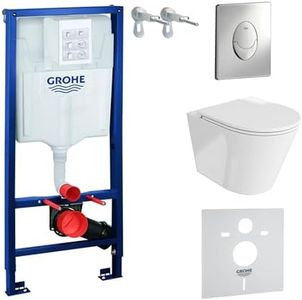 GROHE Wand WC ohne Spülrand + WC Sitz mit Absenkautomatik + Vorwandelement inkl. Drückerplatte Skate Air (Galve, Drückerplatte Chrom glänzend) WC