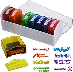Bertiveny Teacher Stamps for Grading Classroom，Parent Signature Self-Inking Teacher Stamp Set School Supplies Stamps for Homework Reward with 8 pcs Teacher Supplies for Classroom Elementary(Rainbow)