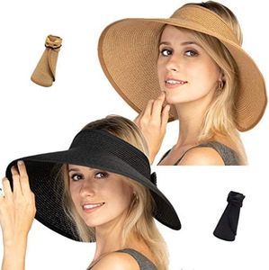 Women Sun Visors Foldable Straw Hats Summer Beach Packable Hat Floppy Wide Brim Cap Big Heads Sombrero Black Khaki