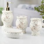 Kookee Ceramic Bathroom Accessories Set of 4, Modern Bath Set with Liquid handwash Soap Dispenser and Toothbrush Holder, Luxury Gift Accessory for Home, White/Silver/Gold (10102)