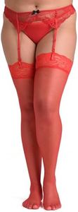 Lovehoney Lingerie Women's Red Sheer Plus Size Thigh High Stockings - Stretchy Nylon with Deep Floral Lace Tops - One Size Plus: 14-18