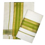 YETTALAN® Women's Kerala Traditional Cotton Set Mundu Cream Color with Fancy Border (OLIVE GREEN)