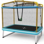 SPOTRAVEL 6 FT Kids Trampoline, 3-in-1 Toddler Trampoline with Safety Enclosure Net, L-shaped Zipper, Swing & Horizontal Bar, Indoor Outdoor Rectangle Trampoline for Boys & Girls (Blue + Yellow)