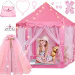 Volscity Princess Tent with 10Pcs Princess Cape Set for Girls,Castle Play Tent with Princess Dress up Clothes,Large Indoor and Outdoor Playhouse with LED Star