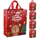 DOJoykey Christmas Bags, 5pcs Red Christmas Tote Bags with Handle Non-woven Fabric Gift Bags Large Size for Xmas Gift Delivering Shopping Party Decoration