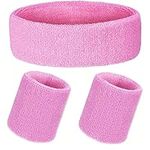 3 Pcs Sweatbands Set，Cotton Terry Cloth Sports Headband & Wristband for Working Out, Tennis, Gymnastics, Baseball, Basketball, Football, Gym Exercise (Pink)