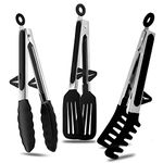 Agabani 3 Pack Black Silicone Kitchen Cooking Tongs Set, Stainless Steel Nonstick Food Tong with BPA Free Silicone Tips for Serving Pasta Spaghetti Steak Pie Pizza Salad Vegetable Fruit Grilling BBQ