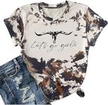 DUTUT Let's Go Girl Shirt Women Western Bleached T-Shirt Retro Country Music Tee Shirt Cowgirls Shirts Short Sleeve Tops Grey