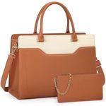 RAINSMORE Laptop Tote Bags for Women 15.6 Inch Designer Ladies Leather laptop handbags Waterproof Briefcase with Clutch Bag for Work School Business Brown+White