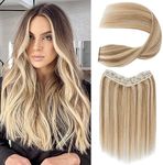 S-noilite One Piece Clip in Hair Extensions Human Hair Balayager One Piece/5 Clips 3/4 Full Head V Part Weft Thicker Hair Lace Net One Piece Hair Extensions(16"-65g,#Light Golden Brown/Bleach Blonde)