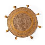 SASHAA WORLD Handwoven Yellow Round Jute Rugs with Tassels Braided Floor Carpet Mat for Living Room, Bedroom, Dining, Office, Restaurant (80cms Round, Natural & Yellow Print)