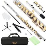 Fesley Closed Hole C Flute, Musical Instruments Flute for Kids Beginner and Band, 16 Keys Flutes with Flute Case, Cleaning Cloth, Cleaning Rod and Gloves, Gold