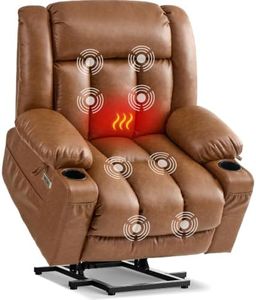 Tami Tami Dual Motor Lay Flat Power Lift Chair Recliner for Elderly Big and Tall with Massage and Heat, Electric Lift Recliner Large with USB A&C, Cup Holders (T6010 - Faux Leather, Brown, Oversized)