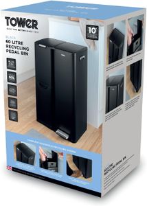 Tower 60L Recycling Pedal Bin – Black Stainless Steel Trash Can