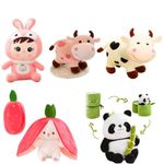 Tinytotem Combo of 5 plushie Reversible Strawberry Rabbit, Cute Bamboo Panda,Milky Moo Cow, Baby Bunny Doll Plush Soft Toys Stuffed Animals Toy Plushies Doll Gifts for Kids Girls Boys Birthday