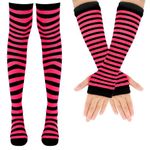 Women's Striped Knee High Socks & Arm Warmer Warm Over Knee Stockings Leg Warmer Striped Long Fingerless Gloves (Rose Red and Black)