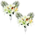 GRPFS Artificial Cemetery Flowers Set of 2 Graveyard Memorial Lily Flowers with Vase for Cemetery Headstones Decoration Bouquet, White