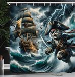 Ambesonne Cat Shower Curtain, Pirate Kitty Character in The Stormy Ocean Waves Adventure Ship Sailing, Cloth Fabric Bathroom Decor Set with Hooks, 69" W x 84" L, Dark Slate Blue and Amber