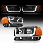 oEdRo LED DRL Headlight Assembly Compatible with 1999 2000 2001 2002 2003 2004 2005 2006 GMC Sierra 1500 2500 3500/00-06 GMC Yukon Headlamp with Clear Lens Black Housing Amber Reflector