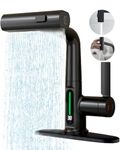 Digital Bathroom Faucet with Temperature Display, 3 Mode Pull Out Sprayer, GIFTQOOL Brass Matte Black Waterfall Tall Sink Vessel Faucet Single Handle 1 Hole Washroom High Taps Robinet Salle de Bain