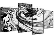 Wallfillers Large Black White Grey Swirls Modern Abstract Canvas Wall Art - Multi 4 Part - 130cm Wide - 4354