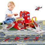 deAO Fire Station Playset Toys for Kids, Educational Firehouse Parking Toy with Ramps Track Garage Vehicles Helicopters Traffic Signs, Pretend Play Garage Tower Playset for Toddlers Boys Girls