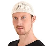 Casualbox | Knit Cotton Skull Cap | Kufi Islam Prayer Hat | Crochet Mesh Skully Beanie | Men's Headwear for All Seasons White