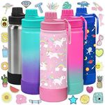 CHILLOUT LIFE 17 oz Kids Insulated Water Bottle for School with Leakproof Spout Lid and Cute Waterproof Stickers, Personalized Stainless Steel Thermos Flask Metal Water Bottle, Pink Unicorn