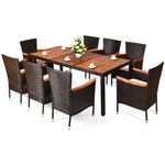 DORTALA 9 Pieces Rattan Patio Dining Set, Outdoor Rattan Wick Furniture Set w/ 8 Stackable Cushioned Armrest Chairs and Acacia Wooden Table, Patio Conversation Set for Poolside, Balcony, Garden