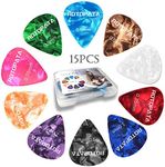 15 Pcs Guitar Picks Variety, Colorful Premium Celluloid Picks for Acoustic Electric Guitars Bass or Ukulele, with Different Sizes Contain Thin, Medium & Thick Gauges