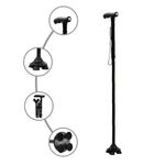 Rehamo Canie Pivot Walking Stick for Old People with 360 Degree Rotating Quad Base, Lightweight Aluminium, Adjustable Height, LED Torch & Textured Grip | Available in Blue & Gray with 1 Year Warranty