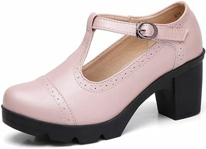 DADAWEN Women's Leather Classic T-Strap Platform Chunky Mid-Heel Mary Jane Square Toe Oxfords Dress Pump Shoes Light Pink US Size 7.5