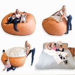 Bujtsy 5ft Outdoor/Indoor Adult Giant Bean Bag XXL, Vegan Leather filled with Memory foam round shape luxury Faux Leather, Convertible, inner matrass made in EU (Caramel, XXL - 5ft /140 cm)