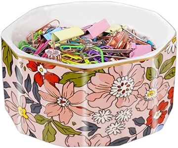 LEAZUL Ceramic Paper Clip Holder Gold Line Paper Clip Dispenser Organizer for Desk Cute Floral Pattern Office Binder Clip Holder Bobby Pin and Hair Clip Holder Gift for Office Pink Flowers