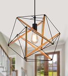 AMZASA Black Geometric Art Deco Hanging Pendant Light Metal and Wood Modern Industrial Chandelier Light Fixture for Dining Room Kitchen Island Arts Center Yoga Studio,Need Assemble UL Listed