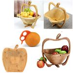 HK Online Apple Fresh Fruits Basket & Ring Citrus Peeler, Collapsible Wooden Fruit Bowl & Trivet, Decorative Tablepiece (Wooden Basket)