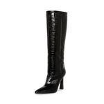 Adrizzlein Women Knee High Boots Pointed Toe Side Zipper Chunky Spool Heel Boot, Black, 11